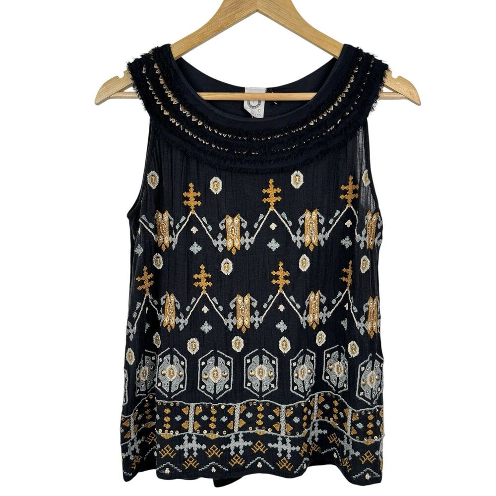 Akemi + Kin Anthropologie Womens Embroidered Tank Top XS Artsy Boho Beaded Aztec